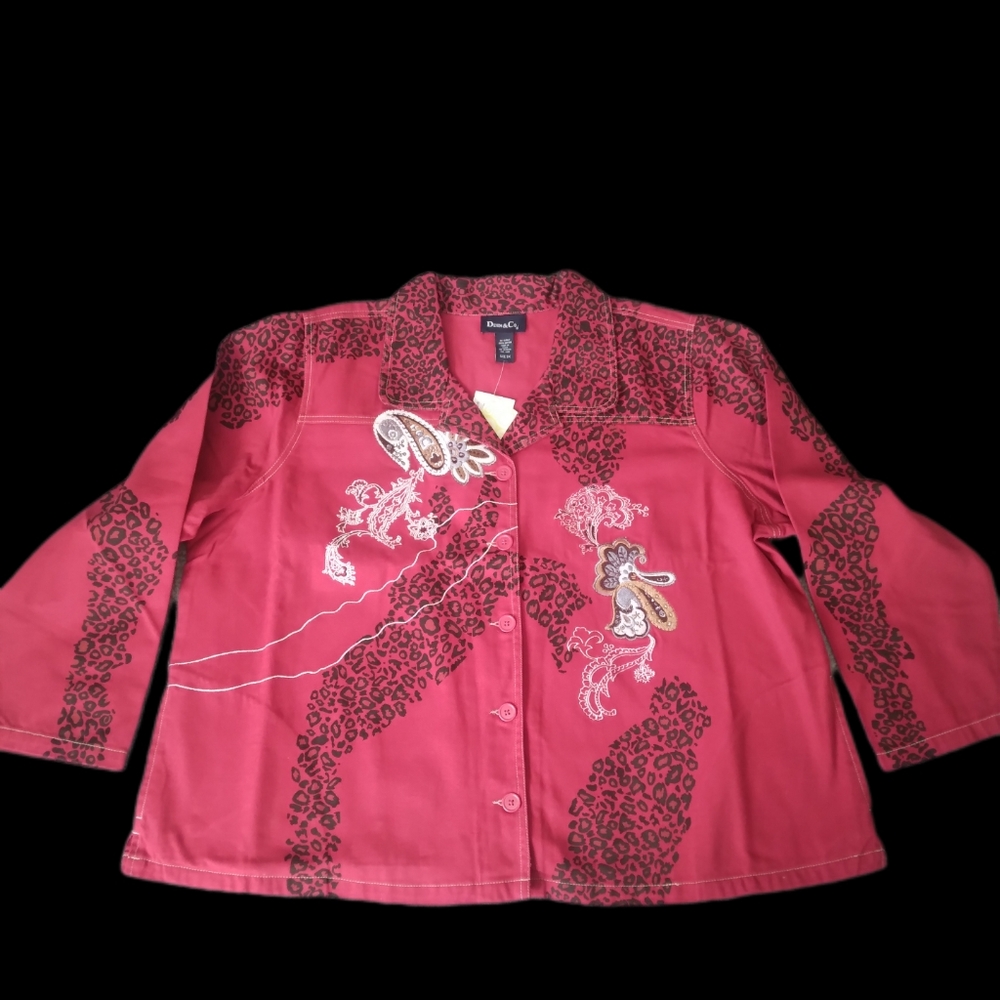 Denim&Co Size 3X Red Jean Jacket Embroidered Animal Print Button Jacket - Picture 5 of 9